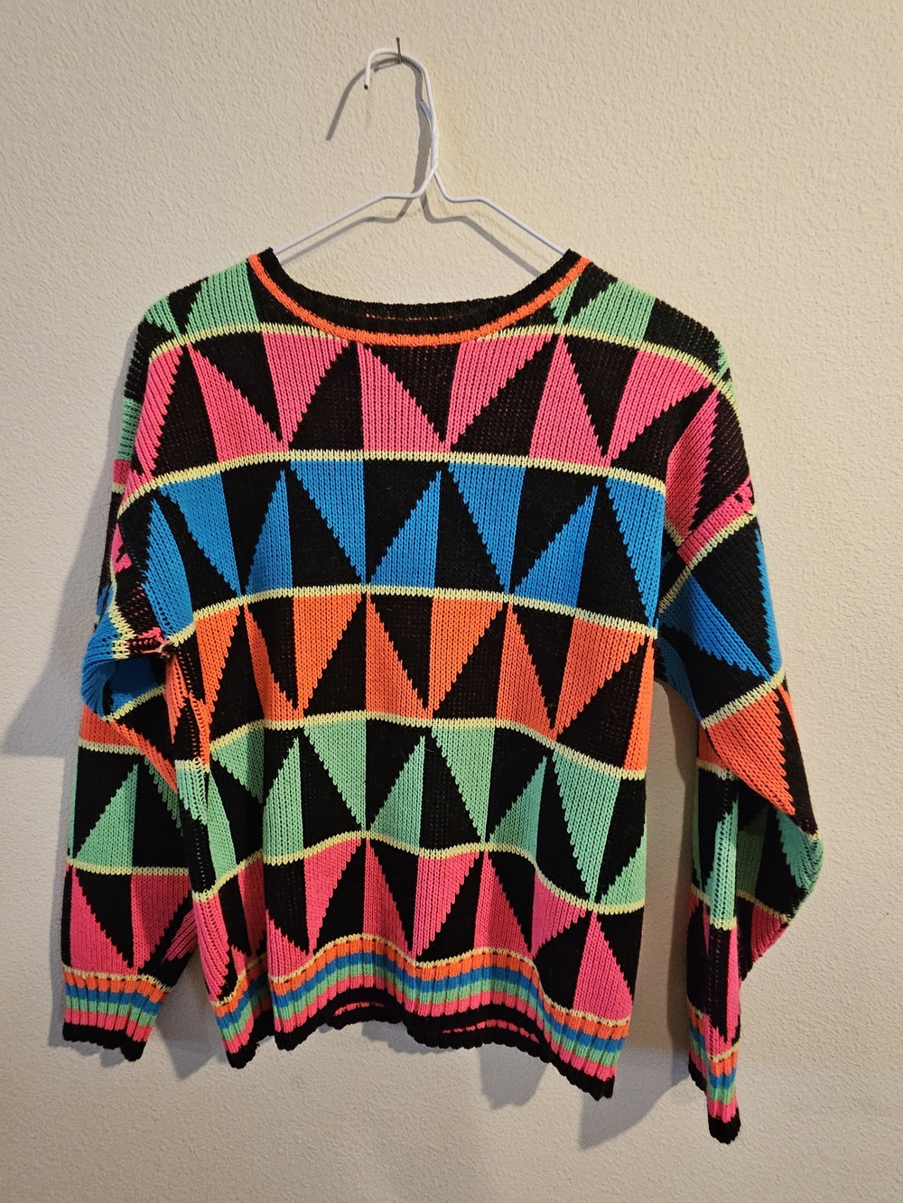 Multicolor Geometric Pattern Knit Sweater - Black with Neon Accents
